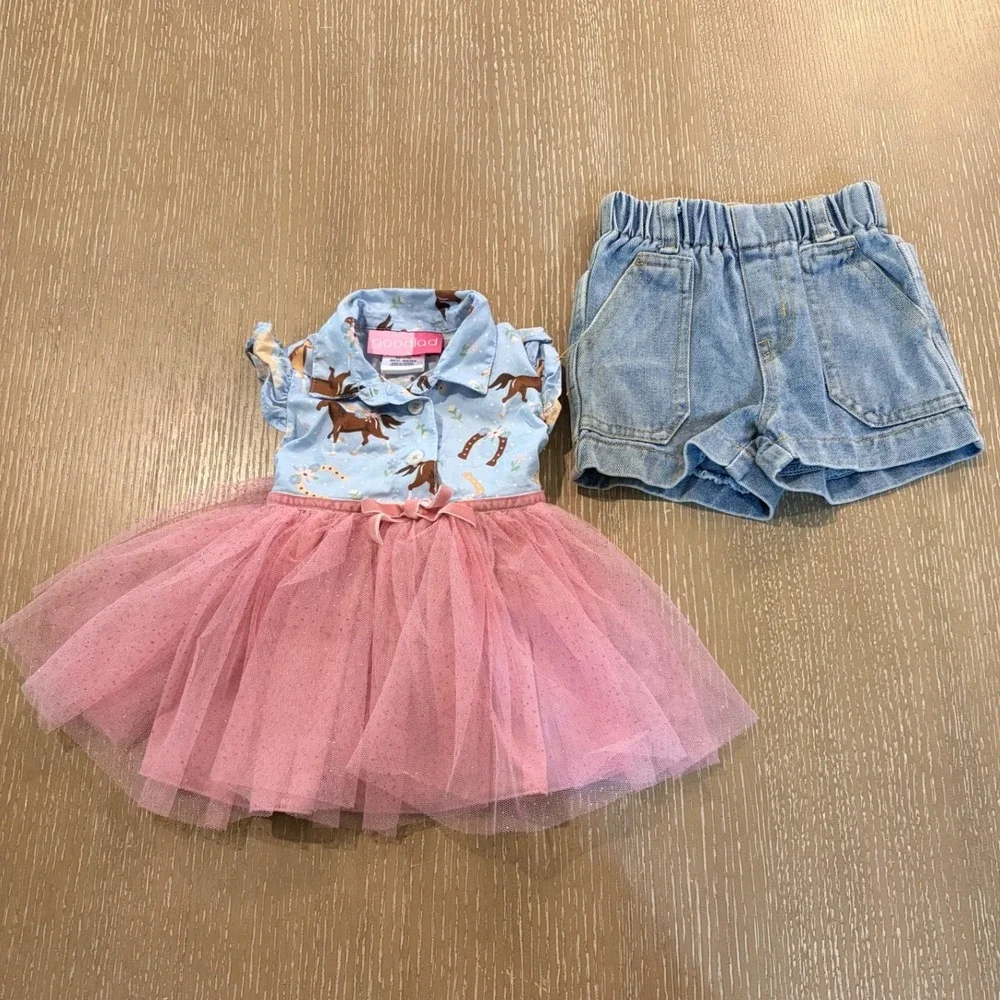 Goodlad Baby Girls Horse Print Tulle Dress & Denim Shorts Set 6 Months Pink